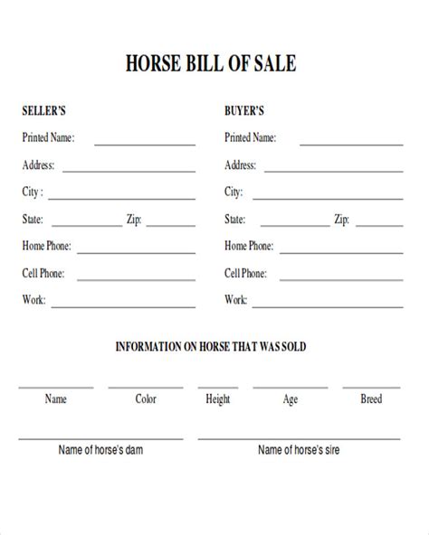 Printable Horse Bill Of Sale Template